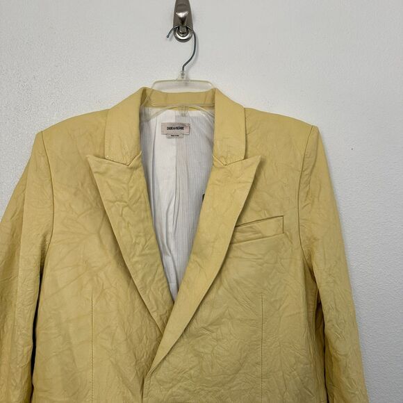 Zadig & Voltaire Visko Cuir Froisse Butter Yellow Leather Blazer Women's 40 NEW - Picture 3 of 15
